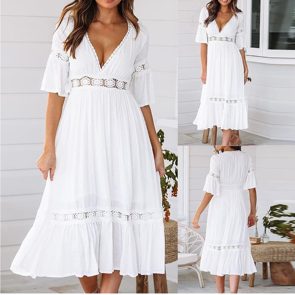 Women’s Short Sleeves Chiffon Semi-Sheer Sexy V Neck Flowy Casual Dress Boho - Picture 2 of 15